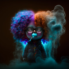 A girl doll wearing glasses is surrounded by colorful smoke. Generative AI