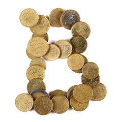 Euro metal coins in shape letter B isolated on white, top view