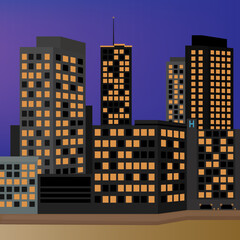Vector image of a night city, high-rise multi-storey buildings. Graphic design.