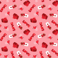 Seamless pattern drawing of Valentine's Day, a box of chocolates, a love letter, the word love. Valentine drawing, pattern.