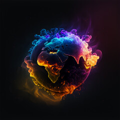 The planet is on fire. The planet Earth is burning and it is surrounded by colorful neon smoke. Generative Ai