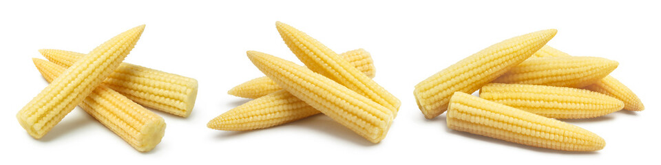 Collection of delicious baby corn, isolated on white background