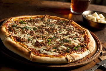 illustration of huge close-up homemade style pizza with full topping, Italian sausage caramelized pizza