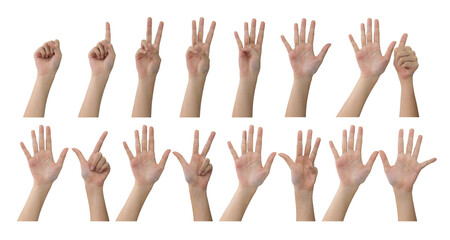 Female hand count from zero to ten. Set of Beautiful hand and finger gesture shape symbol of number for countdown. Isolated on white background with copy space and clipping path.