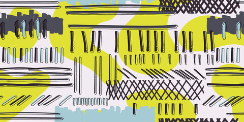 Yellow and white liquid background. Children's drawing from dashes, casual and simple. Suitable for textile and packaging, seamless print.