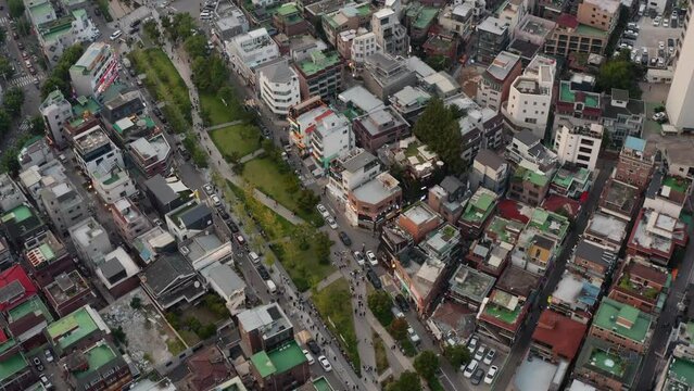 [korea drone footage] Seoul cityscape, Jongno, Mapo, Hongdae, , Hongik University, downtown