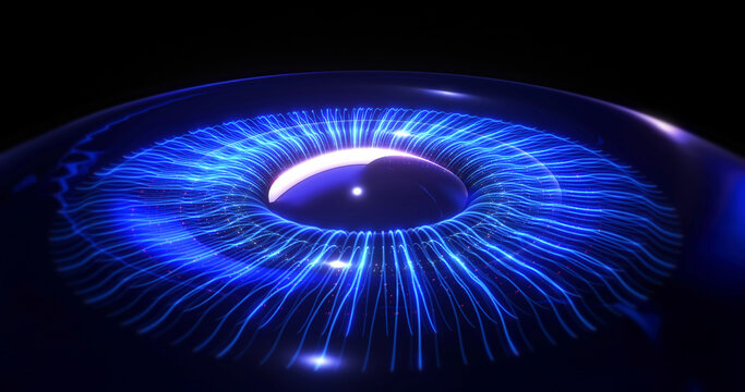 Next generation artificial intelligence blue humanoid eye formed by fiber optics. Futuristic technology concept 3d Illustration render.