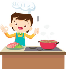 Cooking children boy Little kids making delicious food professional chef