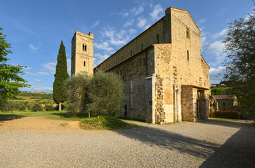 Fototapeta na wymiar View on Sant'Antimo abbey in Castelnuovo dell'Abate. Tuscany, Italy
