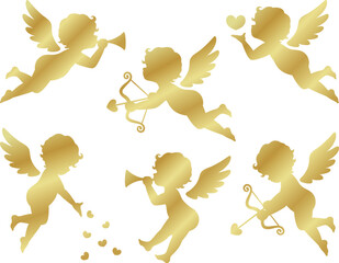 キューピットの金色シルエットイラストセット