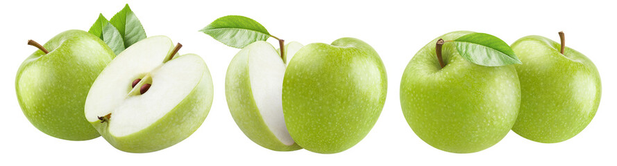 Collection of delicious green apples, isolated on white background