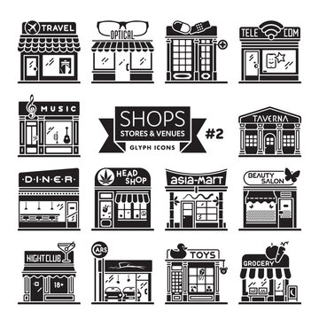 Shops, stores and restaurants icon collection. Set of 14 storefront vector illustrations. Retail and shopping concept.