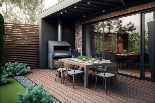Garden terrace outdoor where it is best to spend time , with grill, BBQ place pool equipment - interior modern style