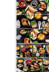 Collage made of assorted Chinese dishes and snacks.