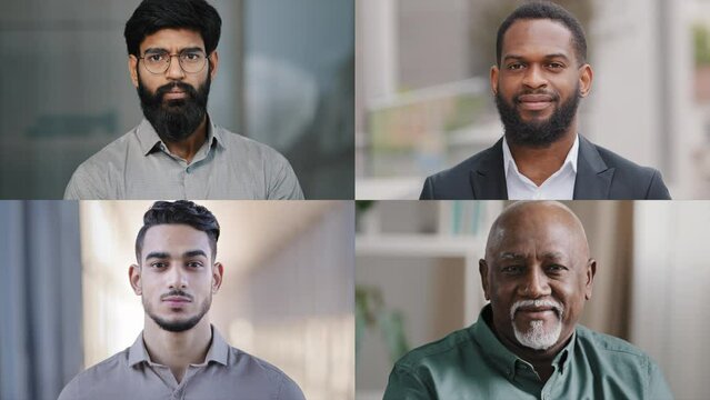 Close-up diverse multiethnic men different ages looking at camera serious successful confident male businessmen colleagues partners group of various people posing portrait man split screen collage