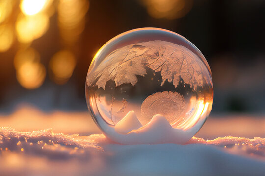 Frozen Soap Bubble On White Snow At Sunset.  
Digitally Generated AI Image