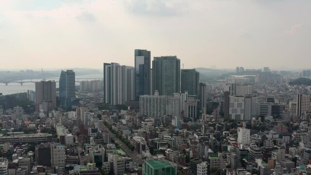 [korea drone footage] Seoul cityscape, Jongno, Mapo, Hongdae, , Hongik University, downtown