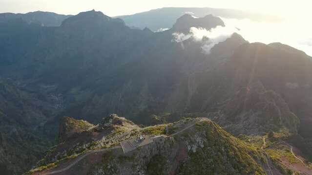 Epic scenic flight during a beautiful sunset around the highest mountain in Madeira called Pico Ruivo captured with the DJI Mavic Pro 2 in 4K.