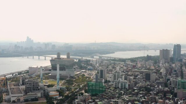 [korea drone footage] Seoul cityscape, Jongno, Mapo, Hongdae, , Hongik University, downtown