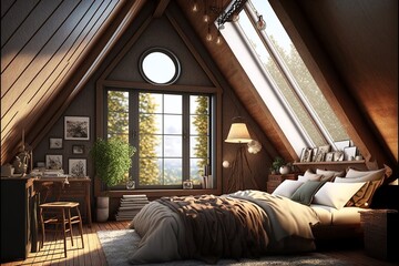 Wooden attic interior with bed
