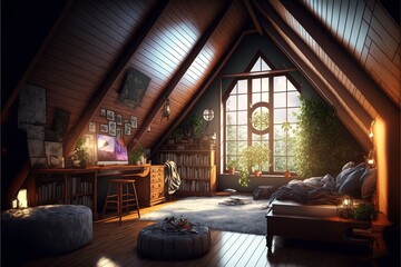 Cozy bedroom interior in the wooden attic with bookshelf 