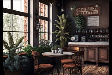 Rustic and victorian style restaurant and cafe interior 