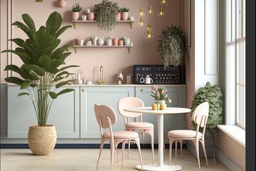 French style cozy cafe interior with plants and pastel colors