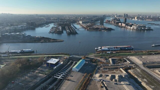 Amsterdam, 14th of December 2022, The Netherlands. Piet Heintunnel renovation a tunnel in East Amsterdam. Connects center of Amsterdam with the Zeeburgereiland. Aerial