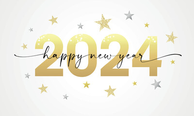 Happy New Year 2024 lettering script and golden glitter of stars. Luxury design template of number 2024. New year symbols 2024. Creative vector digits isolated on white background