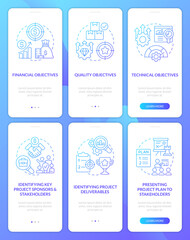 Project management processes blue gradient onboarding mobile app screens set. Walkthrough 3 steps graphic instructions with linear concepts. UI, UX, GUI template. Myriad Pro-Bold, Regular fonts used