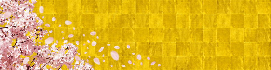 満開の桜と舞う花びら、琳派風に描いた金箔の背景アート