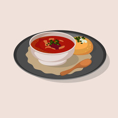 Borsch or red soup with fresh bread, garlic and parsley. Cartoon vector illustration.