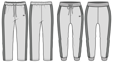 mens jogger bottom, track pants for sports activities drawstring elastic waist long pant fashion flat sketch front and back view technical cad drawing vector template