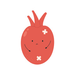 Vector illustration of sad sick, weak heart character.