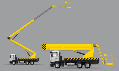 A set of vector images of a vehicle with an air basket for work at height in the transport and working positions.