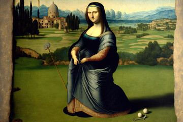 mona lisa playing golf on green grass tuscany course generative ai