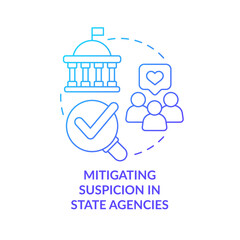 Mitigating suspicion blue gradient concept icon. Government credibility. Public service delivery change abstract idea thin line illustration. Isolated outline drawing. Myriad Pro-Bold font used