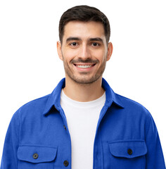Close-up portrait of young handsome smiling man wearing blue shirt and white t-shirt