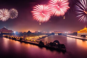 New Year's Fireworks Celebration over World Cities and Landmarks Illustration Background Image