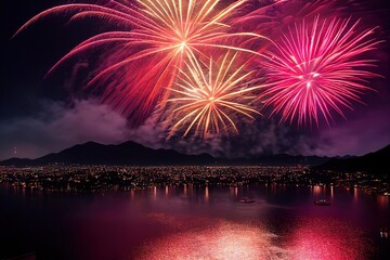 New Year's Fireworks Celebration over World Cities and Landmarks Illustration Background Image
