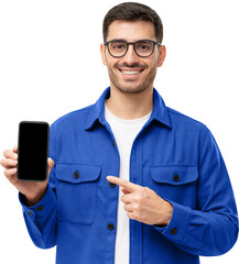 Handsome man in blue shirt presenting smart phone and pointing with finger at blank black screen...