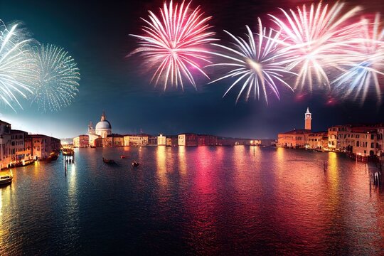New Year's Fireworks Celebration over World Cities and Landmarks Illustration Background Image