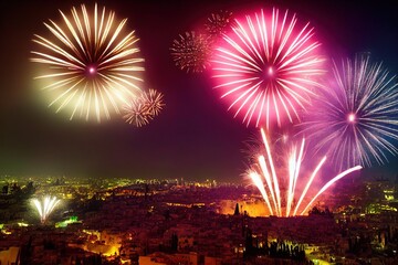 Naklejka premium New Year's Fireworks Celebration over World Cities and Landmarks Illustration Background Image