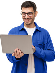 Young happy man standing with opened laptop, browsing online or typing message - 557356315