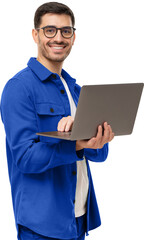 Portrait of young modern businessman standing holding laptop and looking at camera with happy smile - obrazy, fototapety, plakaty