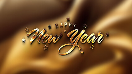 Happy New Year greetings with golden effect. Shiny celebration text on gold for background, graphic design, banner, illustration. 3D rendering