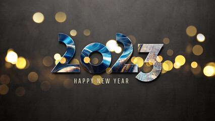2023 greetings with golden effect. Shiny Happy new year text on concrete for background, graphic design, banner, illustration. 3D rendering © sdecoret