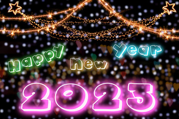 2023 digital creative synthesis on color background. Happy new year 2023. Hanging white paper number with confetti on a colorful  background.