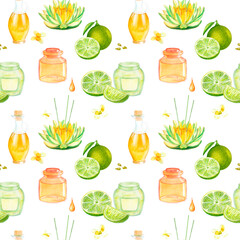 Set of glass jars, stand in the form of lotus flower on a leaf for aroma sticks, white flowers, lime, drop. Aromatherapy facility, spa. Seamless pattern. Watercolor illustration on a white background
