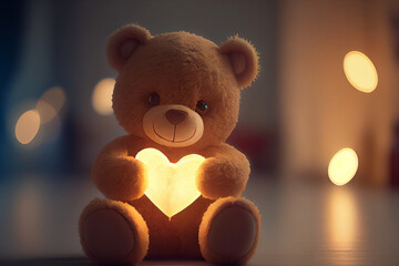 Cute fluffy Teddy Bear holding glowing heart. Dramatic light. St. Valentine's and love concept.   
Digitally generated AI image.